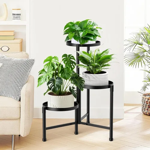 Vista 9 de Soporte esquinero de 3 niveles para plantas para interiores y exteriores, estante de metal para plantas con bandeja de 10 pulgadas de ancho, soporte