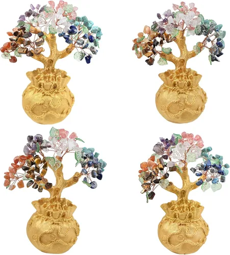Vista 3 de mookaitedecor Árbol de dinero de cristal de 7 chakras con base de bolsa de dinero dorada, adorno de bonsái de árbol de Feng Shui para decoración