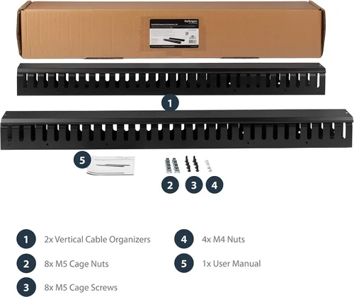 Vista 5 de StarTech - Paquete de 2 organizadores verticales de cables de 20U con conductos de dedo, panel vertical de gestión de cables, canaleta de cables