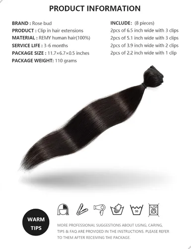 Vista 5 de Rosebud - Extensiones de cabello humano remy con clip, 8 unidades, 18 clips de 14 - 22 pulgadas