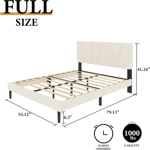 Vista 2 de CXVX Estructura de cama de plataforma de tamaño completo con cabecera tapizada geométrica, sin ruido, soporte de listones de madera, no necesita