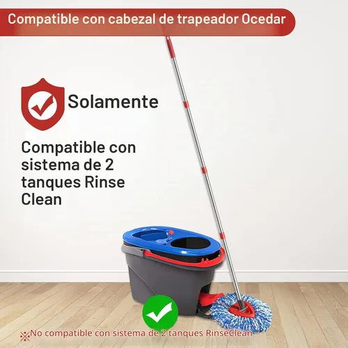 Vista 2 de Juego de trapeador giratorio compatible con el sistema O Cedar Rinse Clean de 2 tanques, incluye 2 cabezales de repuesto azules, 1 base, 1 mango