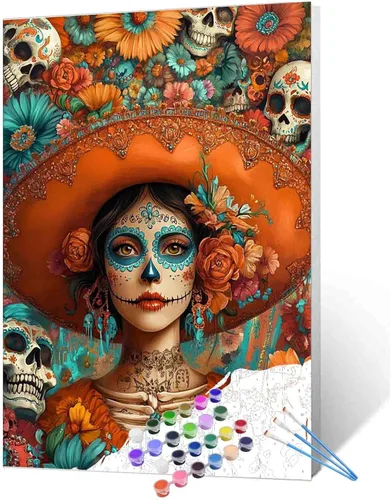 Vista 20 de Tucocoo Decoración del Día de los Muertos, pintura por números, esqueleto para parejas, pintura por números sobre lienzo con pinceles y pigmento