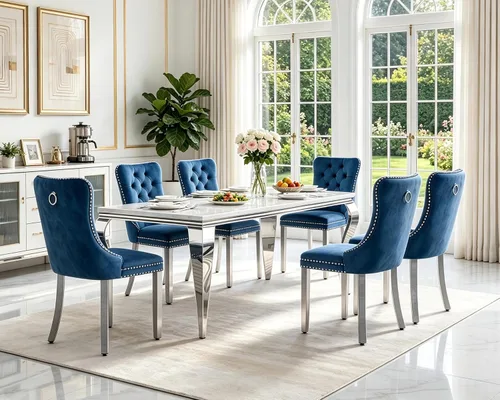 Vista 12 de Juego de 5 mesas de comedor de mármol sintético para 4 mesas de cocina de lujo de 68 pulgadas de oro blanco con 4 sillas tapizadas de terciopelo
