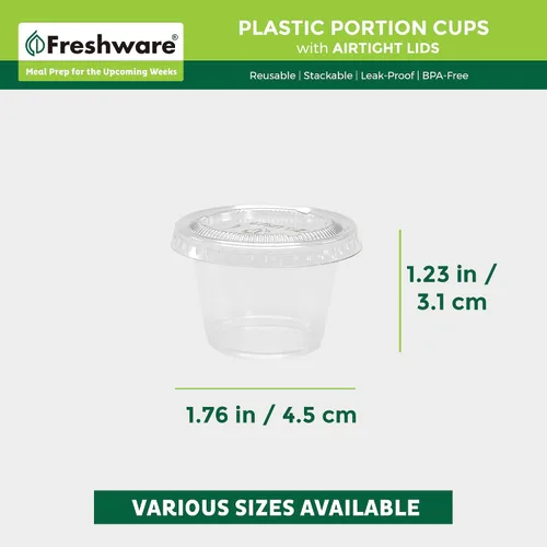Vista 3 de Freshware Vasos de Plástico para Porciones con Tapas [1 Onza, 100 Juegos] Vasos de Plástico Desechables para Preparación de Comidas, Aderezo