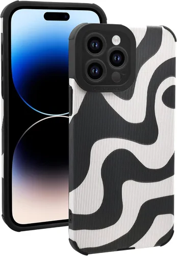 Vista 6 de Funda diseñada para iPhone 14 Pro, diseño de patrón de ondas, para mujer, funda protectora de piel sintética negra, funda protectora de silicona