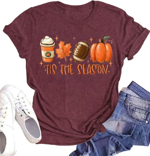Vista 2 de Woffccrd - Camisetas divertidas con estampado de calabaza y leopardo para mujer, camisetas gráficas de manga corta de Halloween para mujer
