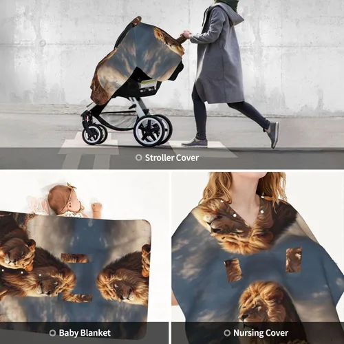 Vista 9 de Baby Car Seat Canopy Cover for Mom, Soft Breathable Nursing Breastfeeding Covers Multi Use Stroller Sun Shade Newborn Shower Gift，Two Lions
