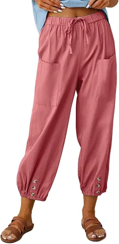 Vista 14 de Pantalones capri de cintura alta con cordón y botón de algodón suelto casual con bolsillos para mujer