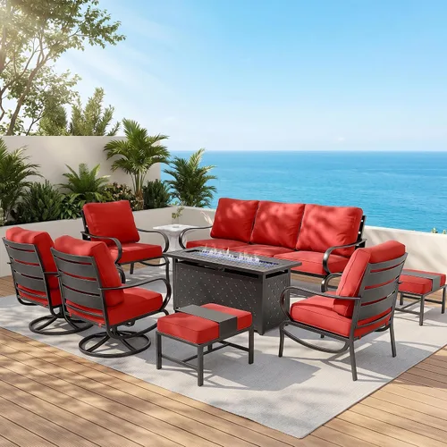Vista 51 de MFSTUDIO Juego de 4 piezas de conversación para patio, marco de metal para todo tipo de clima, muebles de exterior con 1 mesa rectangular de propano