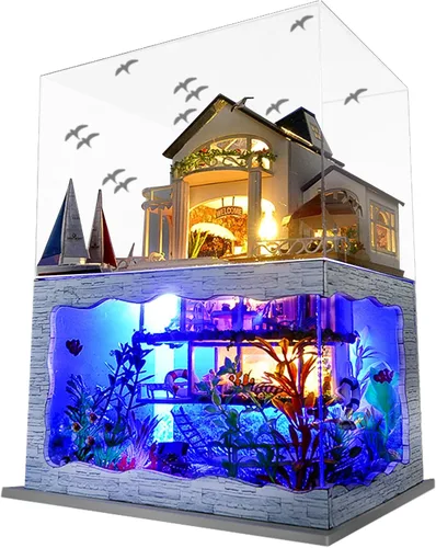 Vista 8 de Kit de casa de muñecas en miniatura Spilay para bricolaje, kit de casa de muñecas con muebles de madera, cubierta a prueba de polvo, caja de música
