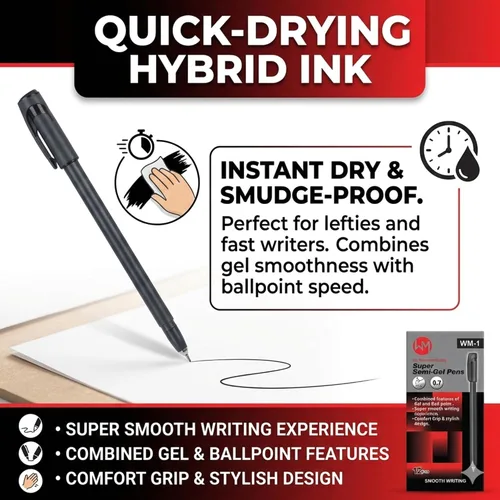 Vista 2 de WM Super Semi-Gel Bolígrafos 0.7, bolígrafo de gel de escritura suave + tinta de secado rápido del bolígrafo, negro, paquete de 12