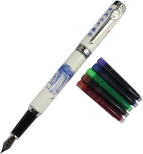 Vista 7 de Gullor Jinhao 950 Caballo de porcelana azul y blanco con caja de regalo y cartuchos de tinta