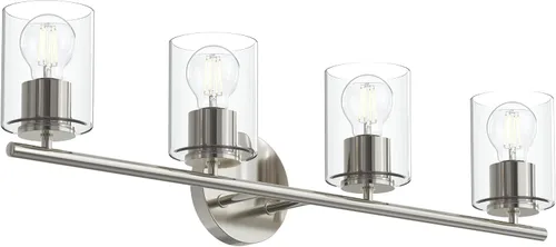 Vista 47 de Progress Lighting Lámpara moderna de tocador de baño de cristal blanco grabado con 4 luces, colección Replay, níquel cepillado (P2160-09)