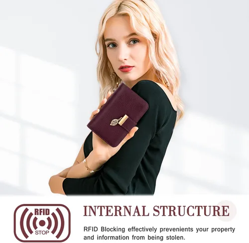 Vista 3 de Cartera pequeña con bloqueo RFID para mujer, de cuero, compacta, plegable, con 18 ranuras para tarjetas, con bolsillo para monedas, rojo (Red Wall)