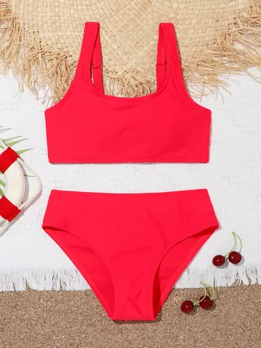 Vista 6 de OYOANGLE Traje de baño de dos piezas para niña, conjunto de bikini con cuello redondo, conjunto de bikini básico sólido