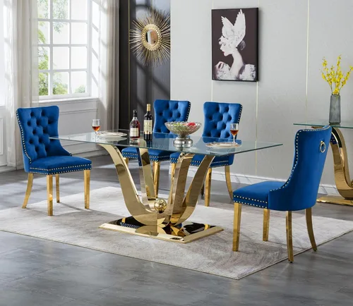 Vista 42 de SSLine Mesa de comedor de cristal dorado de 70 pulgadas para 4-6, base de Mesa de oro floral