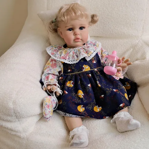 Vista 7 de Muñecas Reborn de Tamaño Grande para Niñas de 24 Pulgadas, Muñeca de Bebé Realista Hecha a Mano con Cabello Rubio que Parece Real, Muñeca de Bebé