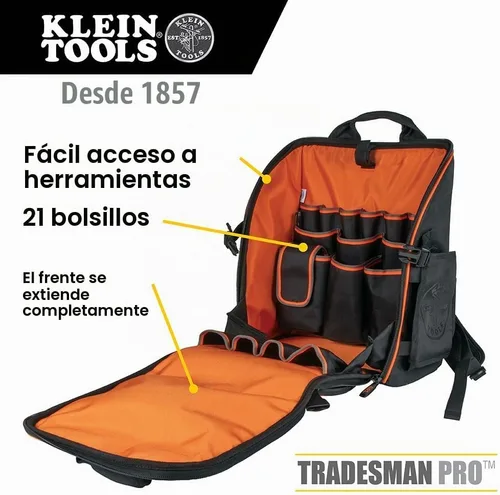 Vista 2 de Klein Tools 55482 Mochila para herramientas, organizador de herramientas resistente Tradesman Pro con 21 bolsillos e interior grande, resistente al