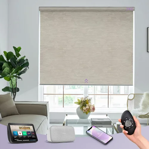 Vista 16 de Graywind Persianas enrollables motorizadas 100% opacas compatibles con Alexa Google, de vinilo, impermeables, inalámbricas, control remoto A-Beige
