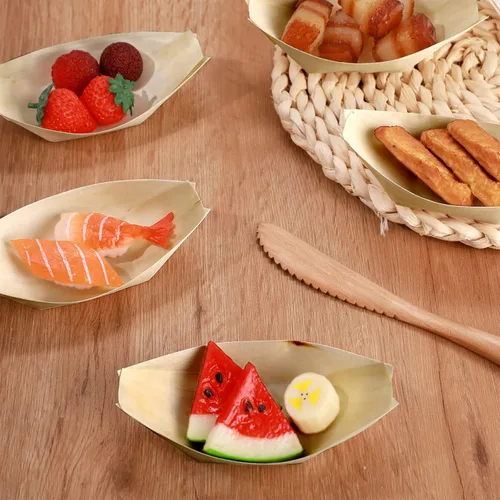 Vista 6 de Nuanchu 200 unidades de bambú de madera desechables a granel, platos de madera para barcos de sushi, barcos de bambú para bandejas de alimentos