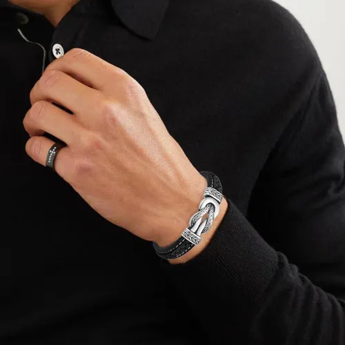 Vista 5 de Pulsera de cuero con nudo infinito para hombre, acero inoxidable, negromarrón, cuero genuino, trenzada, pulsera de joyería para hombres, padre