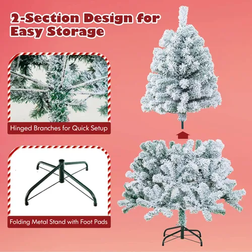Vista 5 de DORTALA - Árbol de Navidad artificial preiluminado con copos, de 4.5 pies, con 150 luces LED blancas cálidas, 295 puntas de ramas, soporte metálico