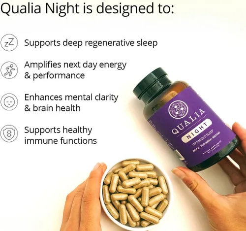Vista 3 de Qualia Night Sleep Aid Formación sin hábito Suplemento respaldado por la ciencia para un sueño refrescante profundo Sin melatonina, vegano