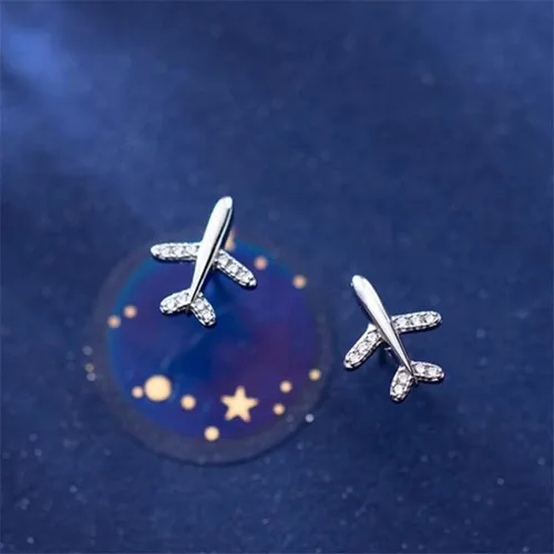 Vista 7 de Juego de collar y aretes con colgante de avión, circonita cúbica, avión, aerolínea, pulsera de joyería para mujeres y niñas, Zirconia cúbica, No es