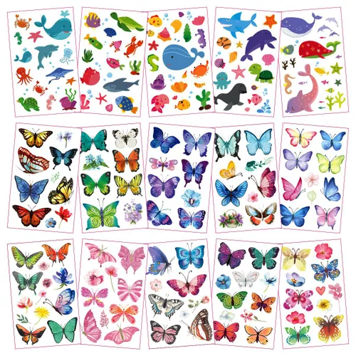 Vista 4 de 30 hojas (360 piezas) mariposas, sirena, animales marinos, tatuajes temporales impermeables para niños, tatuajes de dibujos animados de estilos