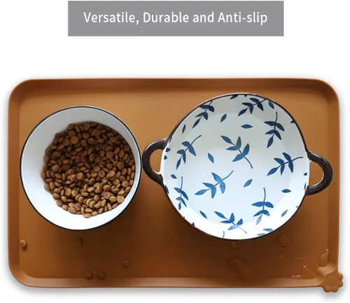 Vista 4 de Hoki Found - Bandeja de silicona para comederos de perros y gatos, tapetes impermeables para comida y agua, color caramelo