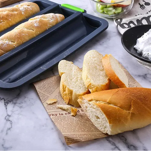 Vista 6 de Molde de silicona antiadherente para hornear pan francés – Bandeja de pan de 3 ondas de 11 x 2.3 pulgadas con forro para tostadora de horno, bandeja