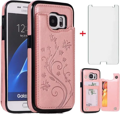 Vista 9 de Funda de teléfono para Samsung Galaxy S7 con protector de pantalla de vidrio templado y tarjetero con soporte para tarjetero, soporte para celdas