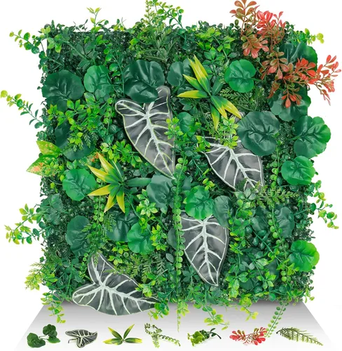 Vista 8 de Paneles de pared de césped de 20 x 20 pulgadas, 16 piezas de fondo de vegetación artificial con hojas resistentes a los rayos UV, decoración