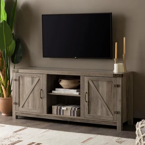 Vista 2 de Walker Edison Georgetown mueble moderno y rústico para televisores de hasta 65 pulgadas, con puerta doble tipo granero, 58 pulgadas, gris
