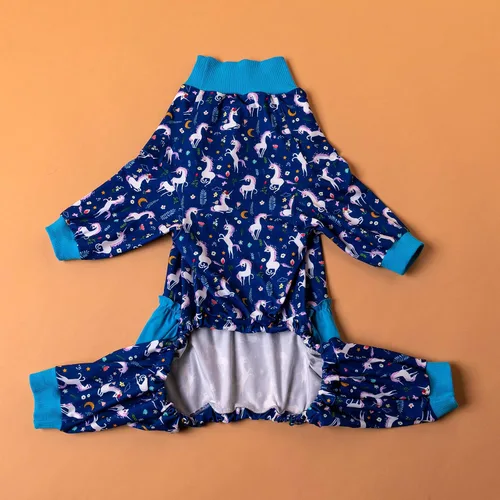 Vista 8 de LovinPet Pijamas Grandes para Perros – Camisa de unicornio para perro, mameluco de recuperación poscirugía, sirenas y unicornios estampado Azul