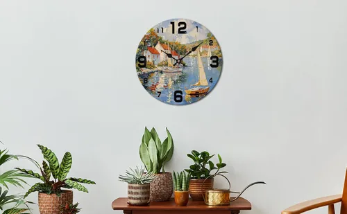 Vista 9 de Coastal Harbor Painting Wooden Wall Clock with Nautical Scene 25x25cm