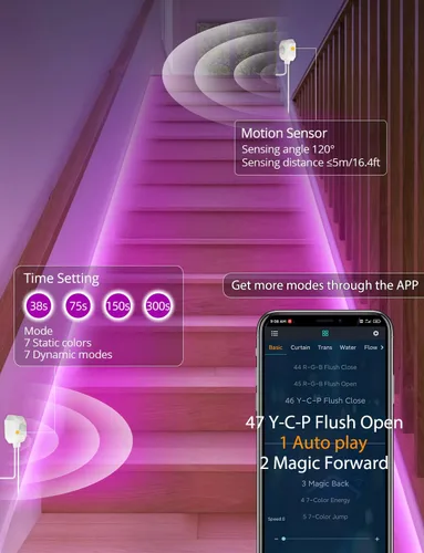 Vista 4 de MATICOD Luces con sensor de movimiento para interiores debajo de la cama, tira de luz LED RGB con control de aplicación, luces nocturnas