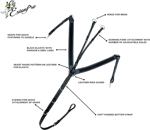 Vista 6 de Exion Horse - Peto elástico con accesorio para correr, acolchado suave, pechera de cuero inglés ajustable para caballos, elástico marrón con líneas