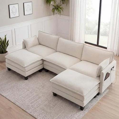 Vista 11 de Sofá modular convertible seccional, sofá de 4 asientos en forma de L con diván reversible, sofá de nube de asiento profundo, sofá cama 3 en 1, tela