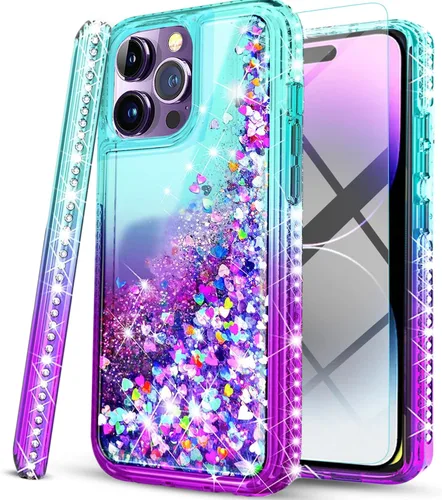 Vista 9 de STARSHOP Funda compatible con iPhone 13 Pro Max, con [protector de pantalla de vidrio templado incluido] Liquid Bling Sparkle Flotante Glitter