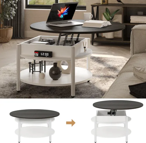Vista 7 de FABATO Mesa de Centro Redonda con Tapa Elevable con Almacenamiento y Compartimento Oculto, 26.77'' Mesa de Centro Estilo Granja para Sala de Estar