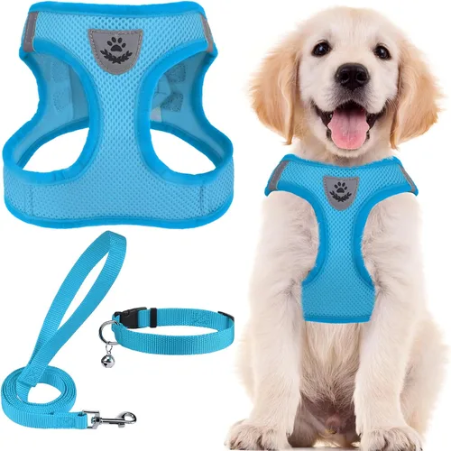 Vista 37 de PUPTECK - Arnés, collar y correa ajustables, sin tirones, para perros pequeños y medianos, cachorros y gatos, pechera reflectante acolchada de malla