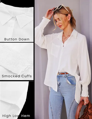 Vista 4 de Chigant Camisas con botones de manga larga tipo farol, blusas de gran tamaño, camisas casuales para la oficina