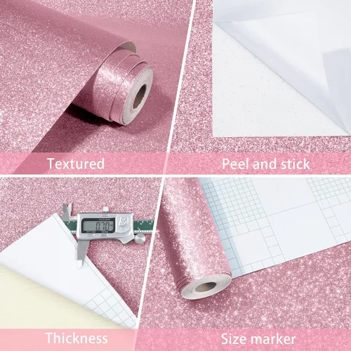 Vista 9 de WESTICK Papel tapiz rosa con purpurina para pegar y despegar, papel de contacto con purpurina rosa para armarios y cajones, papel tapiz removible
