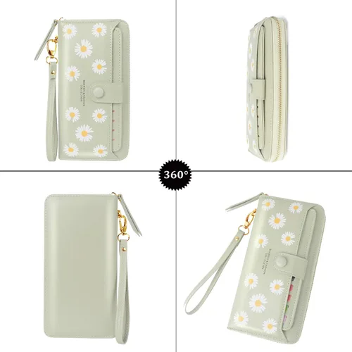 Vista 3 de Cartera de piel para mujer, con bloqueo RFID, bolsillo con cremallera, tarjetero, con ventana de identificación