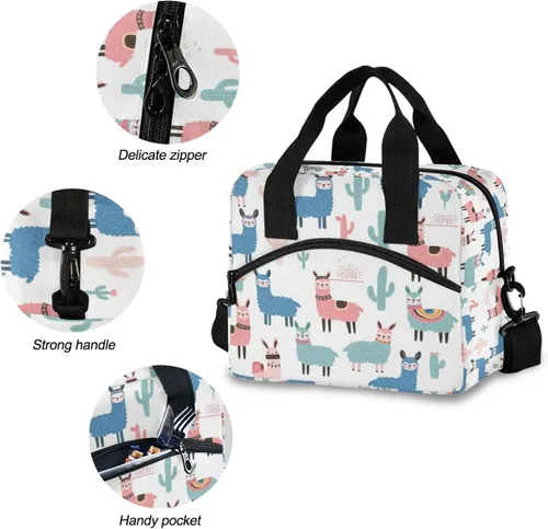 Vista 5 de Bolsas de almuerzo de alpaca con llama para mujer, con plantas tropicales, cactus, bolsa de almuerzo, resistente al agua, térmica, hielera