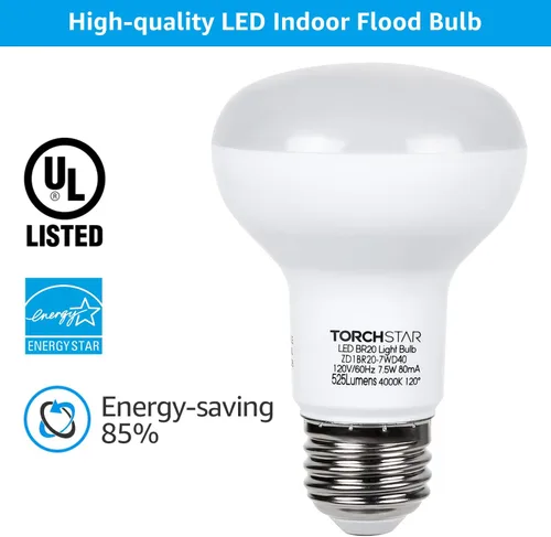 Vista 13 de TORCHSTAR Paquete de 8 bombillas LED BR20, luz de inundación para interiores R20, regulable, 7.5 W (50 W equivalente), UL y Energy Star, 3000 K