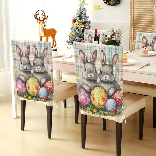 Vista 4 de Juego de 6 fundas decorativas para sillas de banquetes de boda, diseño de conejo, conejos, conejos de búfalo, para mesa de comedor