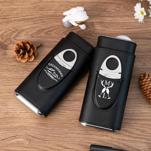Vista 4 de Estuche de cuero personalizado para puros para hombres, juego de humidificador de caja de puros de viaje y accesorios, soporte de puros portátil